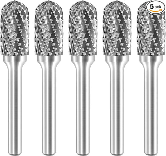 SC-5 Tungsten Carbide Burr Rotary File Cylindrical Shape with Radius End Double Cut with 1/4''Shank for Die Grinder Drill Bit - 5Pcs