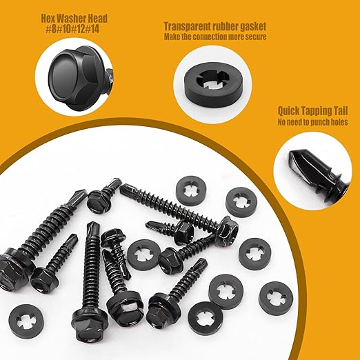 weideer 840pcs #8#10#12#14 Self Tapping Screws for Metal,410 Stainless Steel Screws Assortment Kit, Black Hex Washer Head Quick Tapping Screw with Rubber Washer (420 Sets) K-189-BK