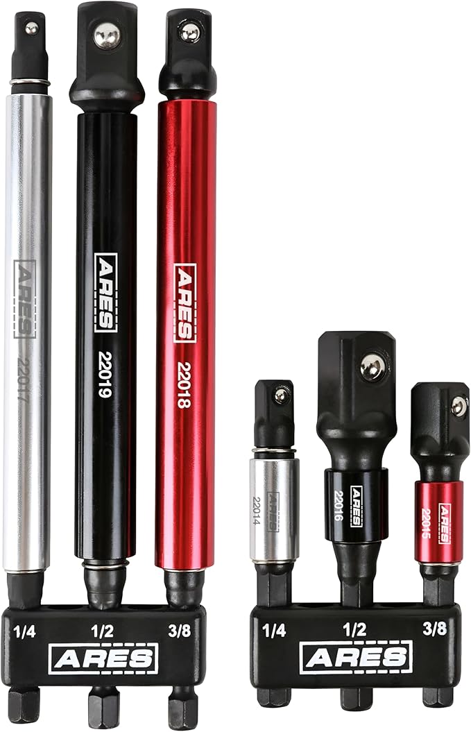 ARES 22013-6-Piece 3-Inch and 6-Inch Impact Grade Socket Adapter Set with Color Sleeve - Turns Impact Drill Drivers into High Speed Socket Drivers - 1/4-Inch, 3/8-Inch, and 1/2-Inch Drive