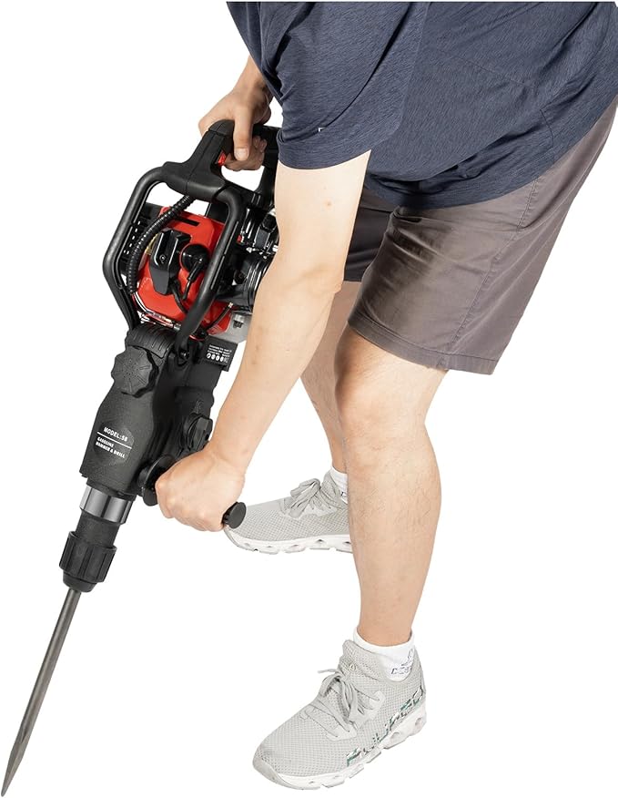 Gas Demolition Jack Hammer 33CC 2 Stroke Gasoline Concrete Breaker Punch Drill Breaker 4000BPM, Hammering Slotting Drilling Crushing 4 Functions, with 3 Drills & 2 Point Flat Chisels Set (33CC 1000W)