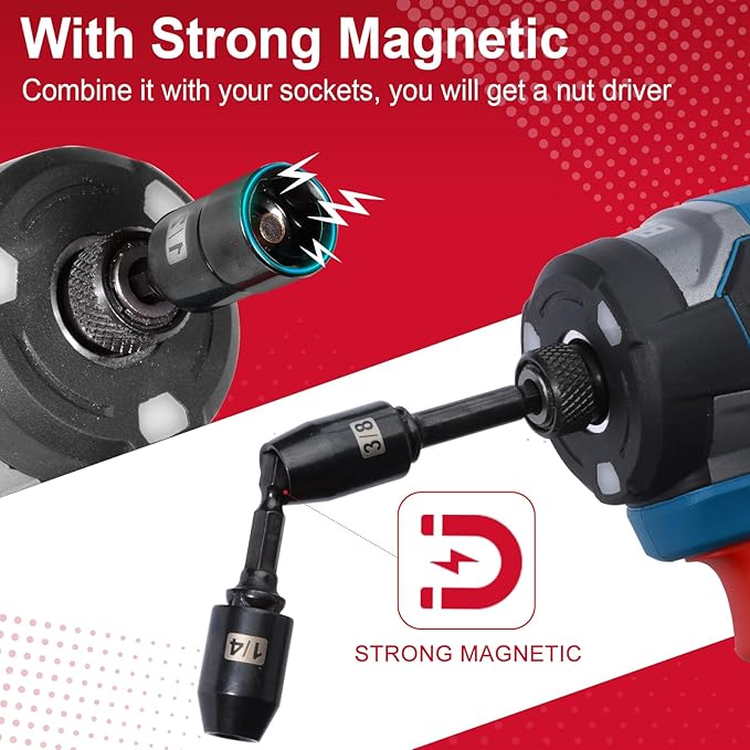 3/8" Drive Impact Nut Driver Set,Magnetic SAE (1/4'' 5/16'' 3/8'' 7/16'' 1/2'') 6 Point,S2 Alloy Steel Strong Hex Socket Drive Adapter Nut Driver