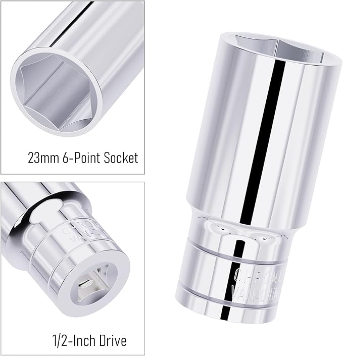 23mm Deep Socket, 1/2 Inch Drive, 6-Point, Metric, Heat Treated CR-V Steel Sockets, Full Polishing, 3.1 Inch Length