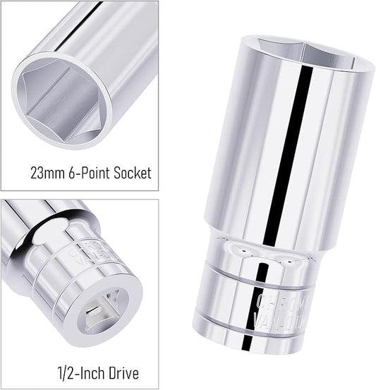 23mm Deep Socket, 1/2 Inch Drive, 6-Point, Metric, Heat Treated CR-V Steel Sockets, Full Polishing, 3.1 Inch Length