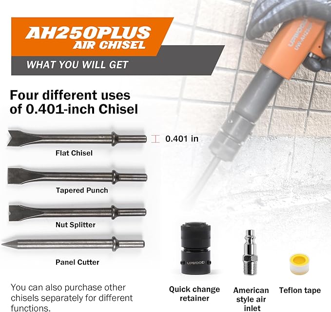 UW-AH250P Long Barrel Air Hammer Kit with Quick Change Retainer and 4 Chisels, 3-5/8 Inch Stroke, 2200 BPM, Light weight (AH250P - Long Barrel)