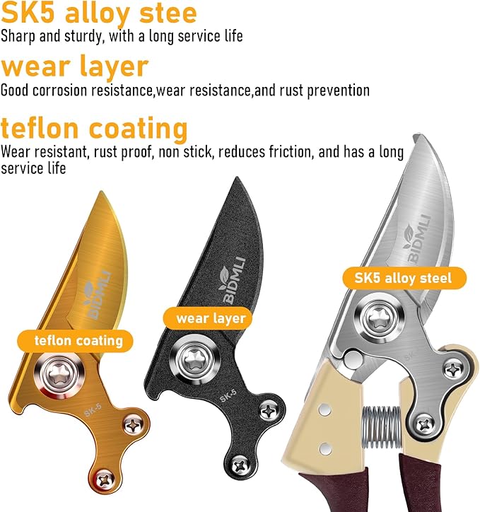 Heavy Duty Pruning Shears竊똆arden Scissors & Clippers with Red-BIDMLI 8.66" SK5 Steel Blades & Aluminum Alloy Handles, Tree Branch Cutter, Ideal for Thick Branches, Dry Twigs, Flower Pruning Tool.