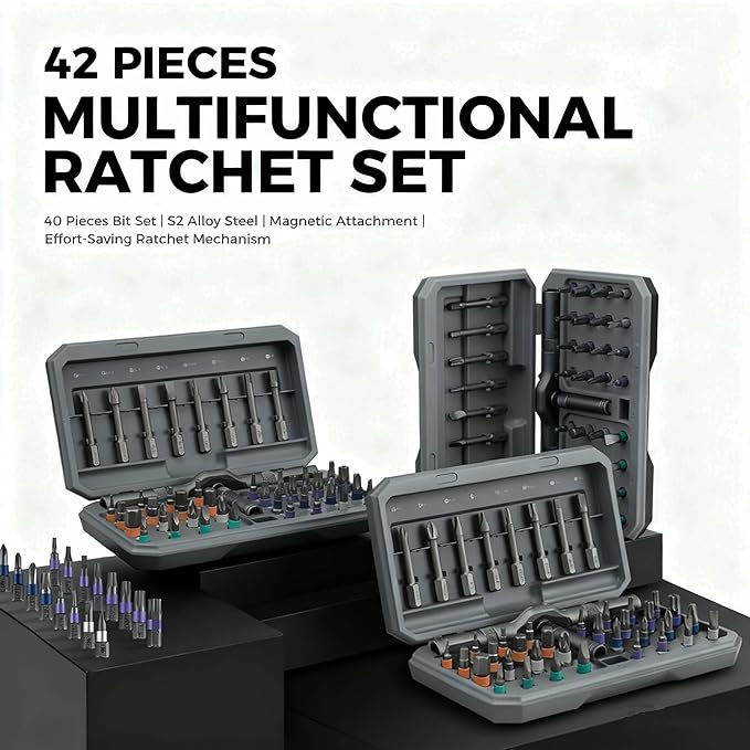 42-in-1 Magnetic Screwdriver Set, Professional Ratchet Handle Tool Kit with Multi-Bit Drive, Portable Repair Tools for Furniture, Computer, Bicycle, Gray