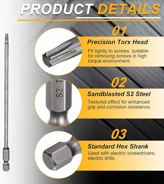 HARFINGTON 2pcs T15 Torx Head Screwdriver Bit 1/4" Hex Shank 6" (150mm) Long Magnetic No Hole Tip Tamper Proof 6 Point Star Screw Driver Drill Bits S2 Steel Industrial Power Screwdrivers