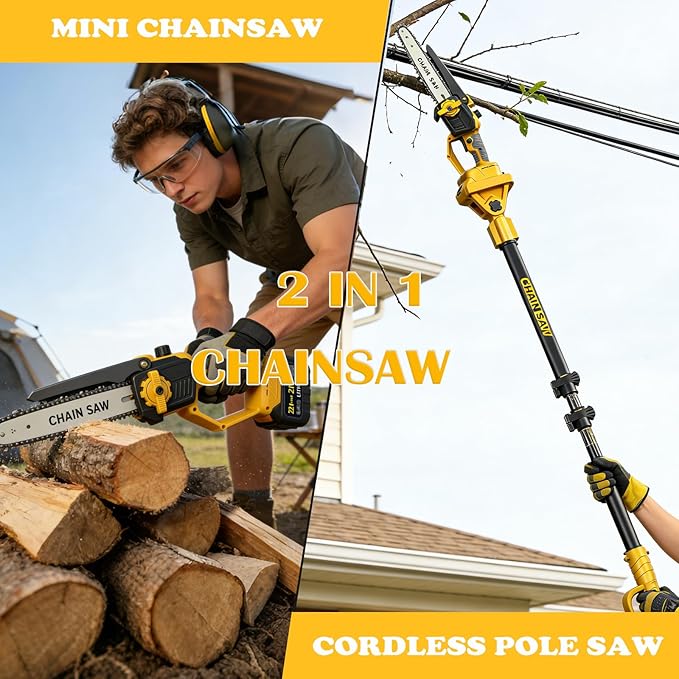 2 in 1 Cordless 6&8 inch Pole Saw & Mini Chainsaw,21V Battery Powered Brushless Electric Tree Trimmer with Extension Pole, 2횞4000mAh Batteries,Lightweight Handheld Pruner