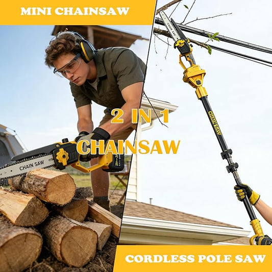 2 in 1 Cordless 6&8 inch Pole Saw & Mini Chainsaw,21V Battery Powered Brushless Electric Tree Trimmer with Extension Pole, 2횞4000mAh Batteries,Lightweight Handheld Pruner