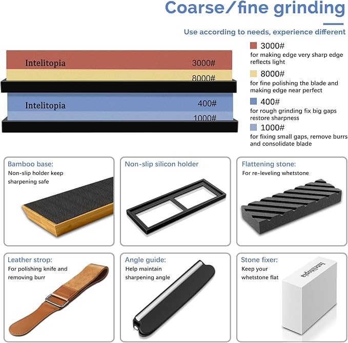 Intelitopia Complete Knife Sharpening Stone Set ??Dual Grit Whetstone 400/1000 3000/8000 Knife Sharpener with Leather Strop, Flattening Stone, Bamboo Base, 3 Non-slip Rubber Bases & Angle Guide