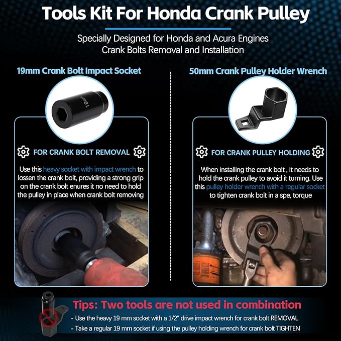For Honda Crank Pulley Tool 19mm Harmonic Balancer Socket & 50mm Crankshaft Crank Pulley Wrench Holder Removal Holding Spanner Kit For Acura and Honda Engines, Deep Counter-Weighted Socket Tools