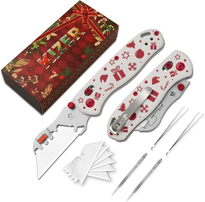 Kizer Uti Bear(Tool-Free Version) Folding Utility Knife, Quick Change Box Cutter EDC knife with G10 Handle, 5PCS Razor Blades, Clutch Lock Small Pocket Knives for Men Women Christmas Gift V3619JMC2
