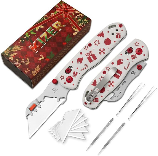 Kizer Uti Bear(Tool-Free Version) Folding Utility Knife, Quick Change Box Cutter EDC knife with G10 Handle, 5PCS Razor Blades, Clutch Lock Small Pocket Knives for Men Women Christmas Gift V3619JMC2