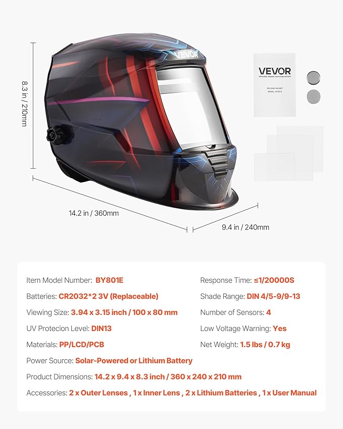 VEVOR Welding Helmet Auto Darkening True Color, 3.94" x 3.15" Welding Hood Solar-Powered, Welder Mask with 4 Arc Sensors, Wide Shade 4/5-9/9-13 for TIG MIG ARC Weld Cut Grinding - METIS Series