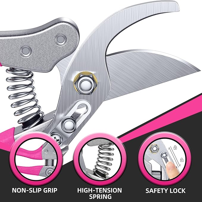 DECERK 8.5" Professional Bypass Pruning Shears ??Heavy Duty Garden Scissors & Clippers for Branch Trimming, Ultra Sharp SK5 Blade, Ergonomic Handle, Perfect Gardening Gift for Women, 2025 Pink Tools