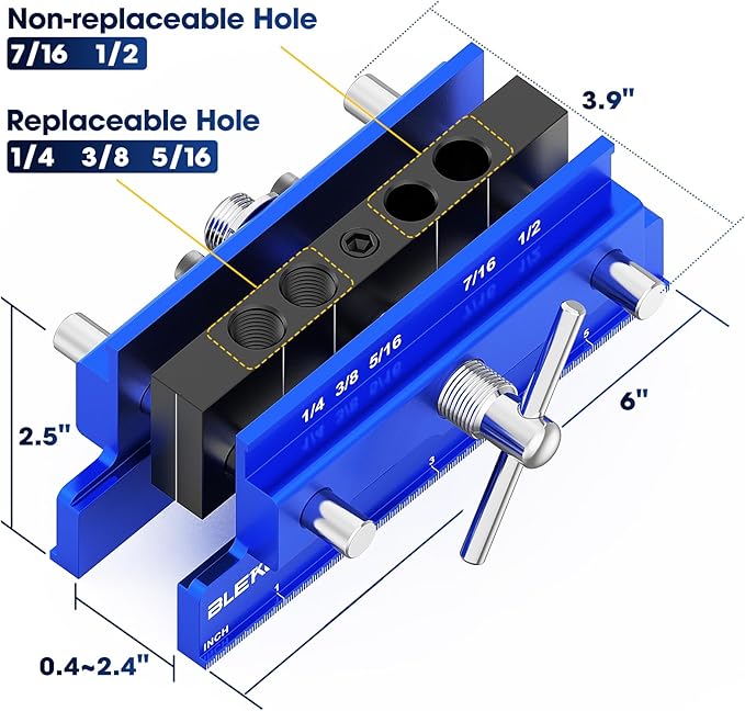 Self Centering Doweling Jig Kit, Power Tool Accessory Jigs with 5 SAE Drill Sizes 6 Drill Guide Bushings, Adjustable Width Drilling Guide Power Tool Accessory Jigs (Blue)