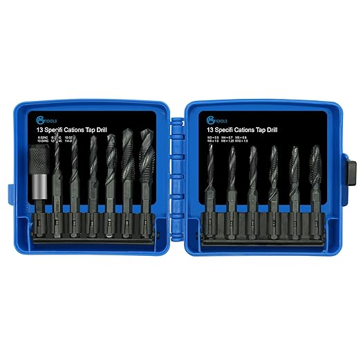 GMTOOLS Combination Drill and Tap Bit Set with Quick-Change Adapter of 13Pcs, 6 SAE Sizes: 6-32NC to 1/4-20NC, 6 Metric Sizes: M3 to M10,Suitable for Drilling Tapping Threading Countersinking