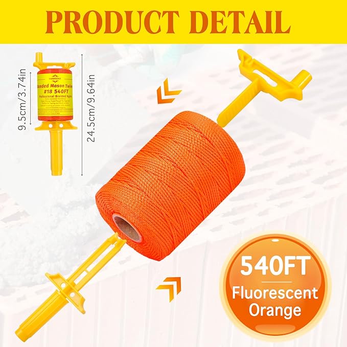 Mason Line with Handle,Twisted 540 FT #18 Braided Nylon Mason String,Construction Line,String Level Line Kit for Gardening Or Masonry Tools, Kite Twine String or DIY (Fluorescent Orange)