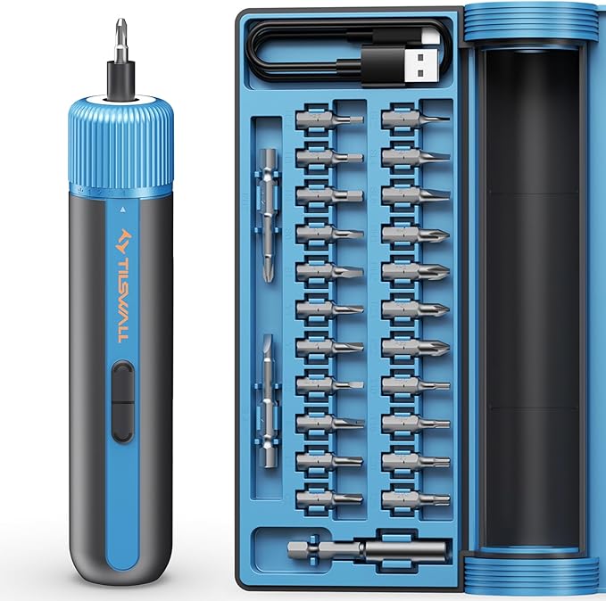 Tilswall 4V Electric Screwdriver Cordless, 10N.m High Torque /260 RPM, Cordless Screwdriver with 4-Level Control, 2200mAh USB-C Fast Charging, with 25pc S2 Steel Bits for DIY and Home Repairs (Blue)