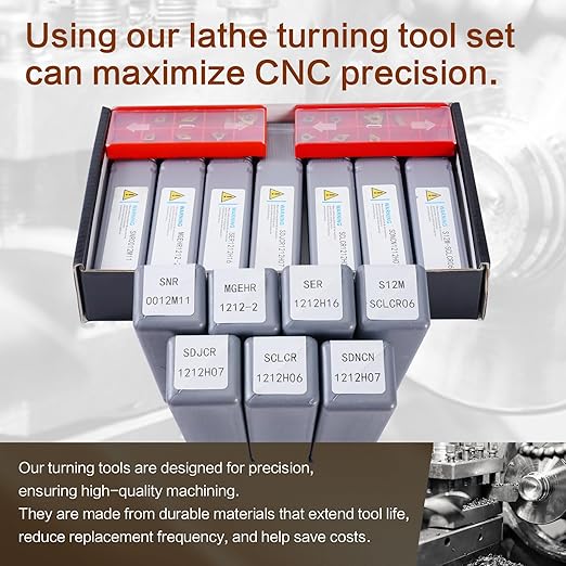 Indexable Lathe Turning Tool 21Pcs Kit 1/2" (12mm) Shank, Includes 7Pcs Metal Lathe Tool Holders and 14Pcs Carbide Inserts for Turning Boring Grooving Cutting Threading Carbide Turning Tool