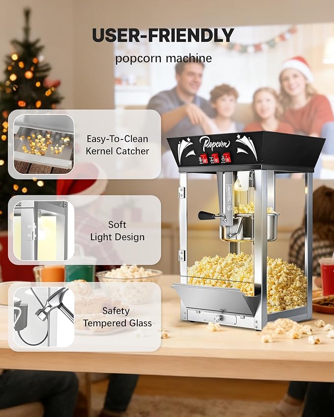 12 Oz Commercial Popcorn Machine, 850 W, Movie Theater Popcorn Machine, Black Tabletop Pop corn Machine with 3-Switch Control & Steel Frame Tempered Glass Doors for Home Theater