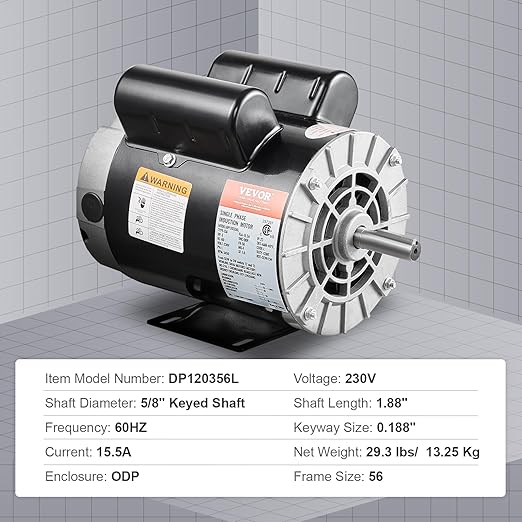 VEVOR 3HP Air Compressor Electric Motor, 230V 15.5 Amps, 56 Frame 3450RPM, 5/8" Keyed Shaft, 1.88" Shaft Length, Single Phase, CW/CCW Rotation (Factory Setting is CCW)