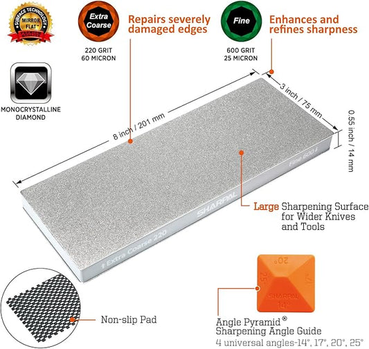 SHARPAL 169H Large 8" x 3" Dual-Grit Diamond Sharpening Stone ??Extra-Coarse 220 & Fine 600 Grit Monocrystalline Diamond Whetstone, Professional Knife Sharpener with Anti-Slip Pad and Angle Guide