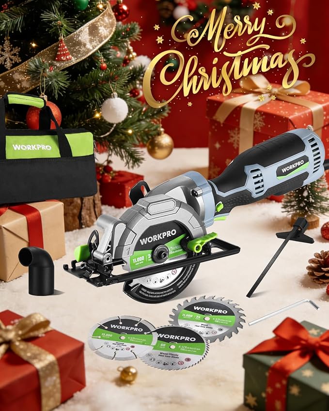WORKPRO 5.8Amp 3500RPM Circular Saw with Parallel Guide, Maximum Cutting Depth 1-11/16?(90°),1-1/8?(45°), Compact Circular Saw with Three 4-1/2" Blades for Wood, PVC, Tile, Cement Block