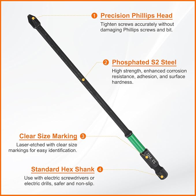 HARFINGTON 3pcs #2 Impact Phillips Screwdriver Bit PH2 1/4" Hex Shank 6" (150mm) Long 0.16" Rod Magnetic Cross Head Drill Bits S2 Steel Industrial Screw Driver for Impact Power Drivers