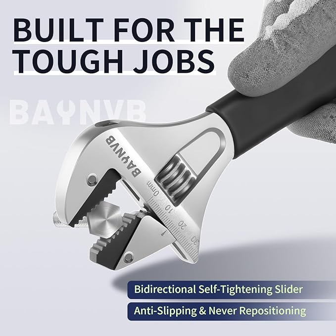 BAUNVB Adjustable Wrench 12 inch with Serrated Self-tightening Jaw, 43mm Wide Jaw Opening Wrench for Plumbing, Automotive, Industrial