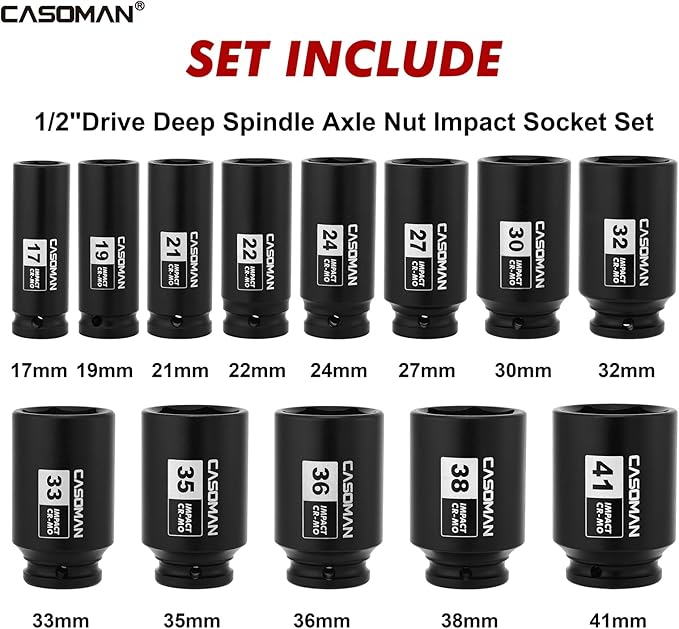 CASOMAN 1/2??Drive Deep Big Impact Socket Set, 13-Piece Large Spindle Axle Nut Impact Wrench Socket Set, 6 Point, CR-MO, Metric, 17mm - 41mm