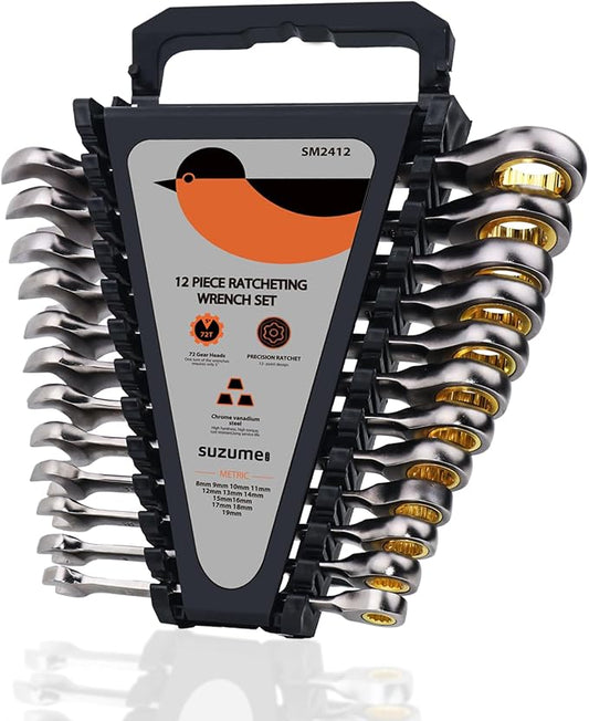 SUZUME 12-Piece Metric Ratcheting Wrench Set (8-19mm) 72T Cr-V 15K+ Cycle Locked Gears Nickel Plated & Organizer for Tight Engine Bays Auto Truck Motorcycle Bike Repair