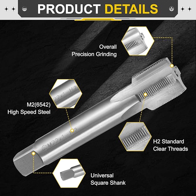 uxcell Hand Plug Tap M22 x 1 H2 Metric Thread Plug Style Taps Straight Flute Screw Tapping Threading Tool High Speed Steel HSS6542