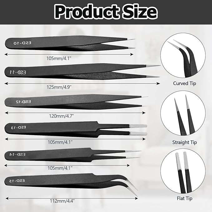 6 PCS Precision ESD Tweezers Set - Anti-Static Stainless Steel Tools Kit for Electronics, Jewelry Repair, Soldering, and Crafting Projects