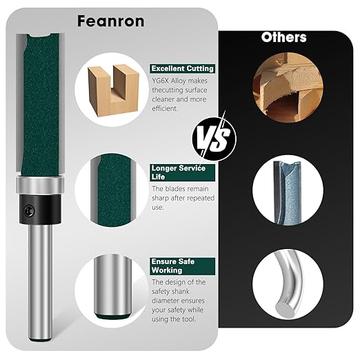 Feanron Flush Trim Router Bit Set 4 Pcs Straight Cut Router Bits 1/4 Inch Shank, Carbide Tipped Pattern Template Route Bit with Bottom Bearing, Woodworking Tools for Milling Trimming Home DIY (Green)