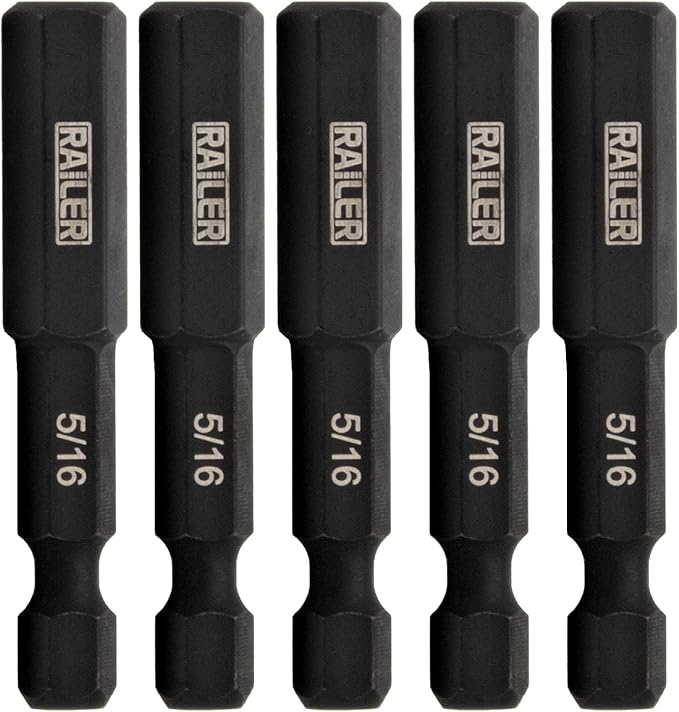 Railer 5/16 Hex Drive Bit - Impact Grade S2 Steel 2" Hex Head Allen Wrench Drill Bit w/Quick-Release 1/4 Shank. (5pc)