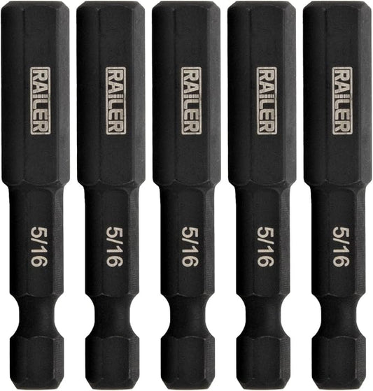Railer 5/16 Hex Drive Bit - Impact Grade S2 Steel 2" Hex Head Allen Wrench Drill Bit w/Quick-Release 1/4 Shank. (5pc)