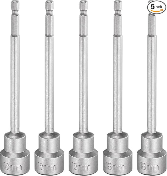 HARFINGTON 5pcs Nut Driver Drill Bit 18mm Metric Socket 1/4" Hex Shank 5.91" (150mm) Long Magnetic 6-Point Sockets Quick Change CR-V Steel Bolt Setters for Power Drill Drivers
