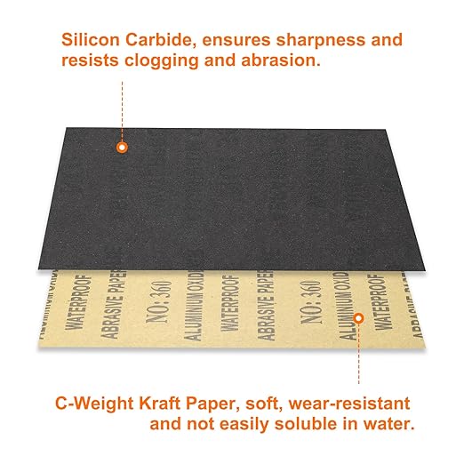 HARFINGTON 100pcs Sandpaper 360 Grit 9 x 11 Inch C-Weight Backing Silicon Carbide Abrasive Wet Dry Sanding Sheets for Wood Finishing, Metal Sanding, Automotive Polishing