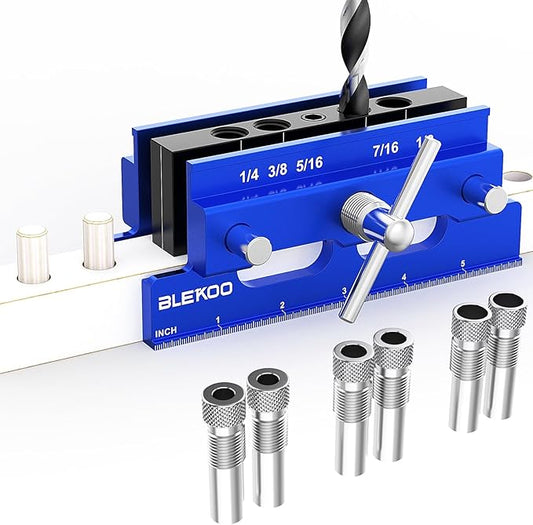 Self Centering Doweling Jig Kit, Power Tool Accessory Jigs with 5 SAE Drill Sizes 6 Drill Guide Bushings, Adjustable Width Drilling Guide Power Tool Accessory Jigs (Blue)