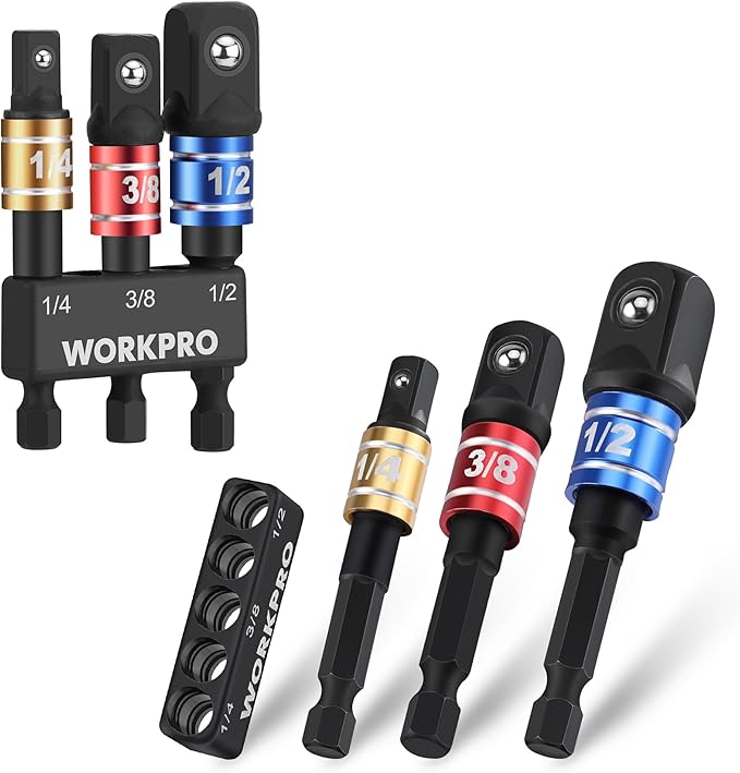 WORKPRO Impact Grade Socket Adapter Set, 1/4", 3/8", & 1/2" Drive, Extension Driver Bit With Holder, for Power Drill to High Torque Impact Wrench, 6PCS