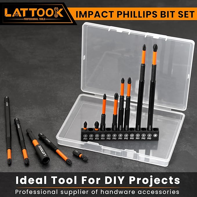 13-Pack Impact Phillips Bits Set, LATTOOK #1, #2, #3 Magnetic Anti Slip Long Phillips Screwdriver Bits Set, 1/4" Hex Shank S2 Steel, Ph1, Ph2, Ph3