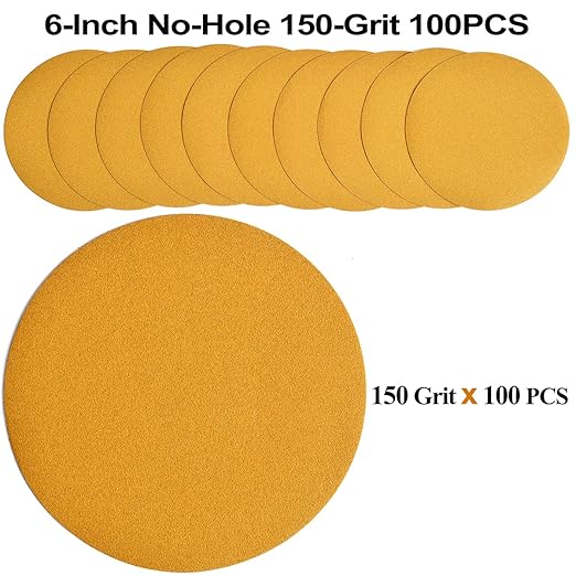 6-Inch No-Hole Hook and Loop Sanding Discs 150-Grit, Random Orbital Sandpaper for Automotive and Woodworking, 100-Pack