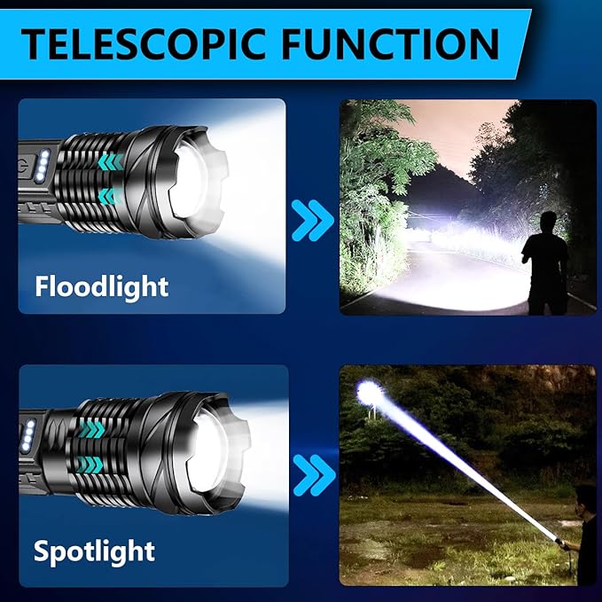 Rechargeable LED Flashlights, 90,000 Lumens Super Bright Flash Light, 7 Modes with COB Work Light, IPX6 Waterproof, Adjustable Tactical Powerful Handheld Flash light for Home,Camping and Emergencies