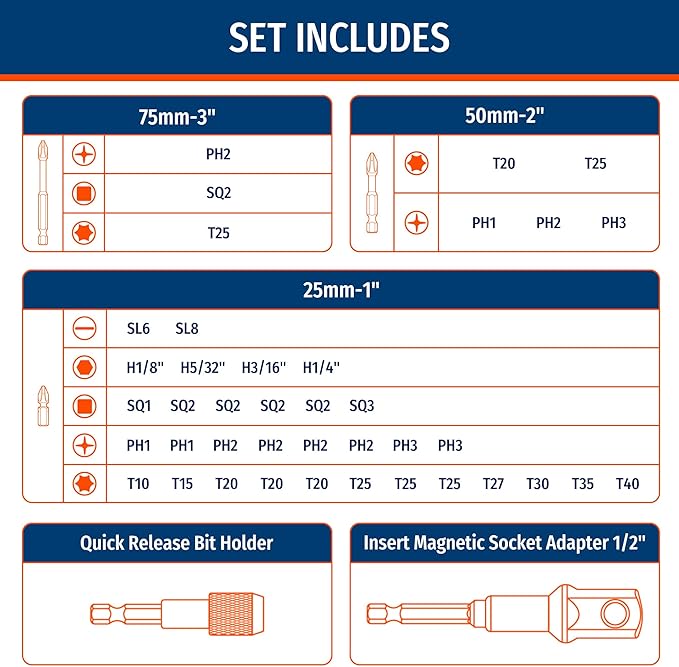 PRIDE&CRAFT 42 Pieces Impact Driver Bit Set, Magnetic Nut Driver Set - S2 Steel Screwdriver Bit Set, Bits for Impact Driver, Nut Driver Set Magnetic for Power Drills Tools Set