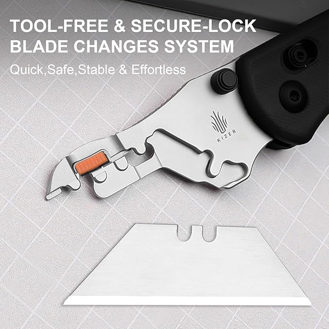 Kizer Uti Bear(Tool-Free Version) Folding Utility Knife, Quick Change Box Cutter EDC knife with 5PCS Razor Blades, Clutch Lock & Pocket Clip Small Pocket Knives for Men Women V3619JM2