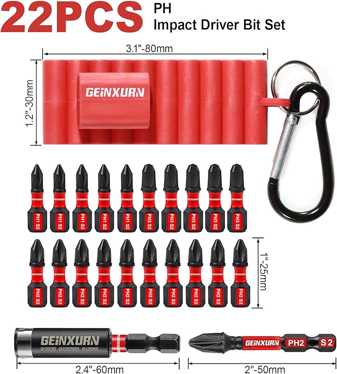Impact Phillips Screwdriver Bits Set, 22 Pieces 1"/2" Magnetic(PH1/PH2/PH3) S2 Steel Multi Cross Insert Power Driver Bits with Organizer Sleeve Storage Organizer