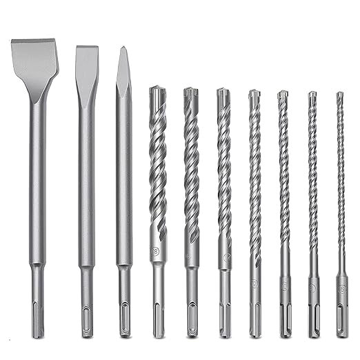 10 PCS 1/4 to 11/16 inch SDS Plus Rotary Hammer Drill Bits and Chisel Set, 6-18mm SDS Plus Masonry Drill Bits for Concrete, Brick, Cement，Masonry Work, Length 8-1/4 in