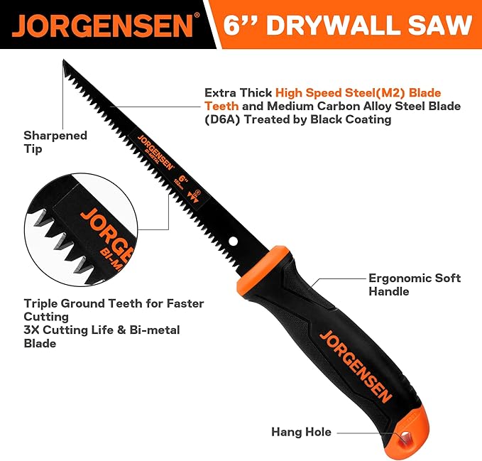 Jorgensen Drywall Saw, 6-inch Jab & Keyhole Saw with Ergonomic Handle,Triple Ground Teeth, Faster Cutting Drywall Cutting Tool with 8-TPI Bi-metal Blade