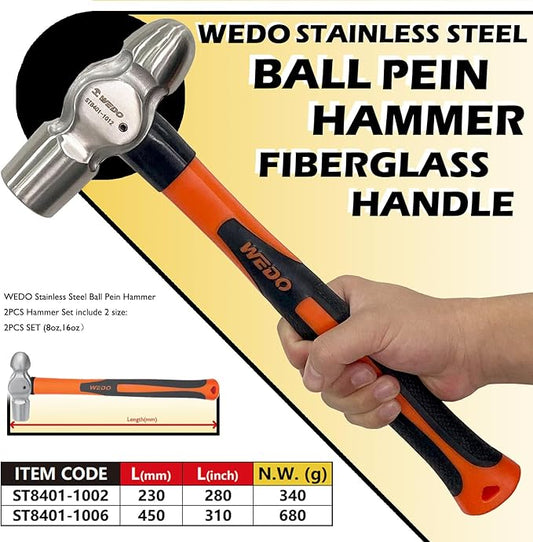 WEDO 2PCS Ball Pein Hammer Set,0.5lb+1lb(230g+450g),Stainless Steel Ball Peen Hammer Set With Fiberglass Handle,Die-forged,Shock-resistant,Corrosion Resistant